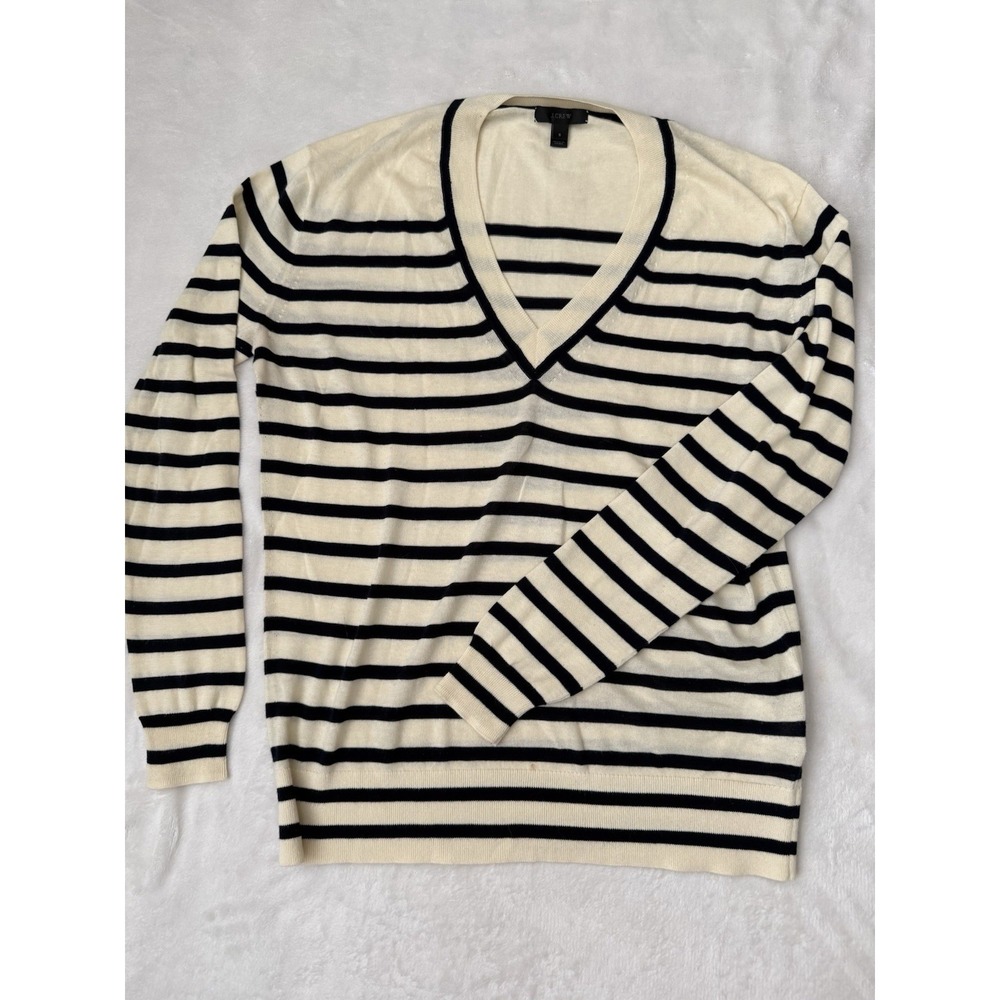 J.Crew Striped Sweater Womens Small Cream Black Breton V Neck Cotton Lightweight
